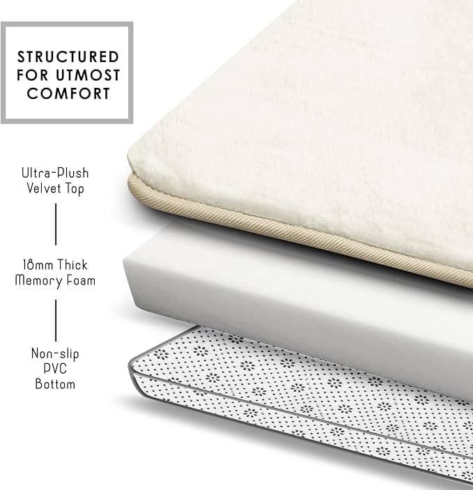 Clara Clark 3 Piece Bathroom Rugs Bath Mat Set, Velvet Memory Foam Bath Mats for Bathroom - Non-Slip, PVC Backing Bath Rugs, Washable - Dries Quickly, White