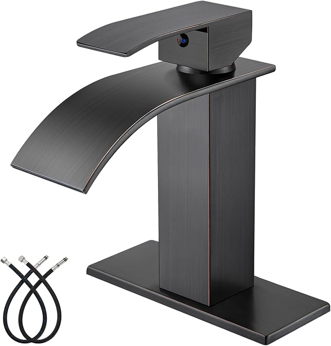Midanya Waterfall Spout Bathroom Faucet Single Handle 1 Hole Bathroom Sink Faucet,Modern RV Lavatory Vanity Basin Tap with Water Hose,No Drain,Short Body,Oil Rubbed Bronze