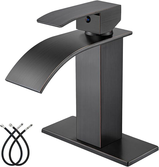 Midanya Waterfall Spout Bathroom Faucet Single Handle 1 Hole Bathroom Sink Faucet,Modern RV Lavatory Vanity Basin Tap with Water Hose,No Drain,Short Body,Oil Rubbed Bronze