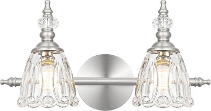 Vintage Vanity Light Fixtures for Bathroom, 2 Light Brushed Nickel Vanity Lighting Over Mirror, Bathroom Light Fixtures with Flower Clear Glass, Farmhouse Sconces Wall Lighting for Hallway