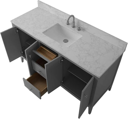 Vanity Art 60 inch Bathroom Vanity with Single Sink & Ceramic Top, Vanity Cabinet with Soft-Closing Door, Solid Wood Frame, Linear Pattern, Cashmere Gray, VA9160-SG-MB,Matte Black Handles