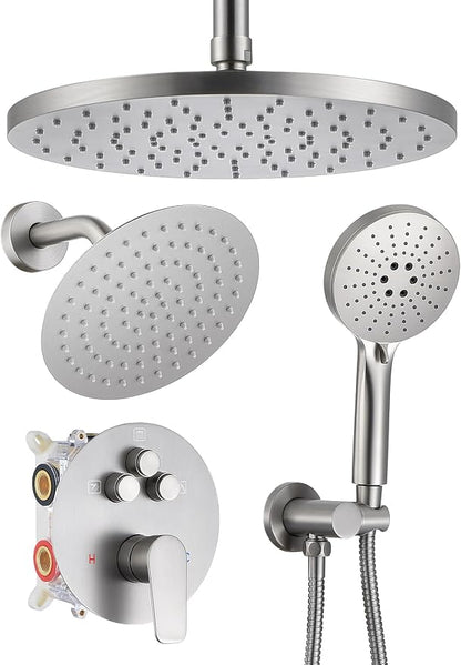 Woindo Shower Faucet Set 10" Rain Shower Head/8'' Side Shower Head and 3 Setting Handheld Ceiling Mount 3 Push Button Diverter Complete Rainfall Round Shower System Included Valve Trim Kit