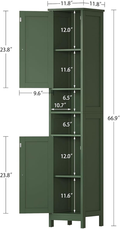 TEENFON 67" Tall Bathroom Cabinet with Adjustable Shelves and Doors, Narrow Bathroom Storage Cabinet for Small Space, Living Room, Entryway, Kitchen, Green
