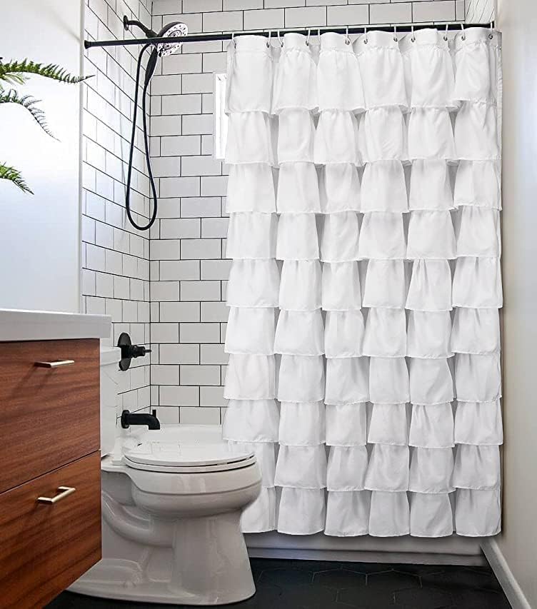 Volens White Shower Curtain Fabric Ruffle for Bathroom,72in Long