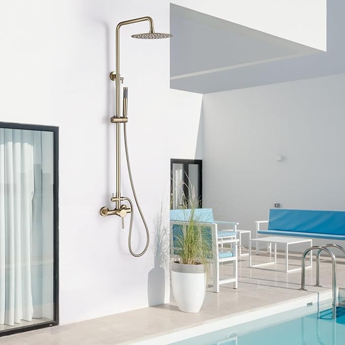 RBROHANT Outdoor Shower, Wall Mount Outdoor Shower Kit, Outside Shower Faucet with Height Adjustable Rain Shower Head and Handheld, Exposed Shower for Backyard, Wall Mounted, Brushed Gold, JK0147