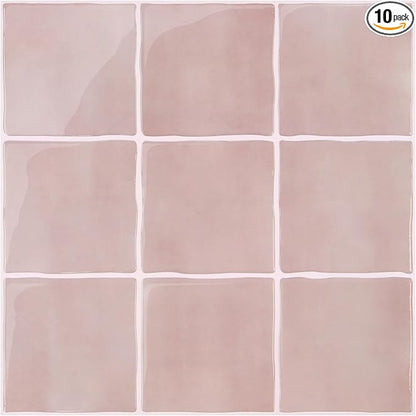 Thicker 3D Peel and Stick Backsplash Tiles, 10 Pcs 12" x 12" | Pink, Glossy Self Adhesive Backsplash Wall Sticker for Renter Friendly Bathroom DIY Wall Makeover, Cover 10 sq ft，Removable