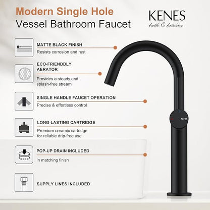 KENES Matte Black Tall Bathroom Vessel Sink Faucet, Single Handle Bathroom Faucet Single Hole, Tall Vanity Faucet with Pop Up Drain and Supply Lines, KE-9005C-2
