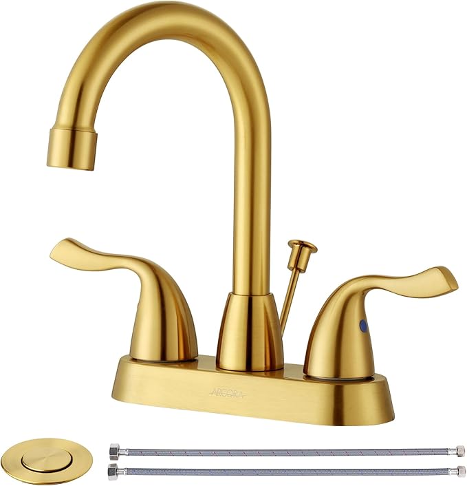 Brushed Gold Bathroom Faucet, ARCORA 4 inch Centerset Bathroom Faucet with Drain Assembly and Supply Lines