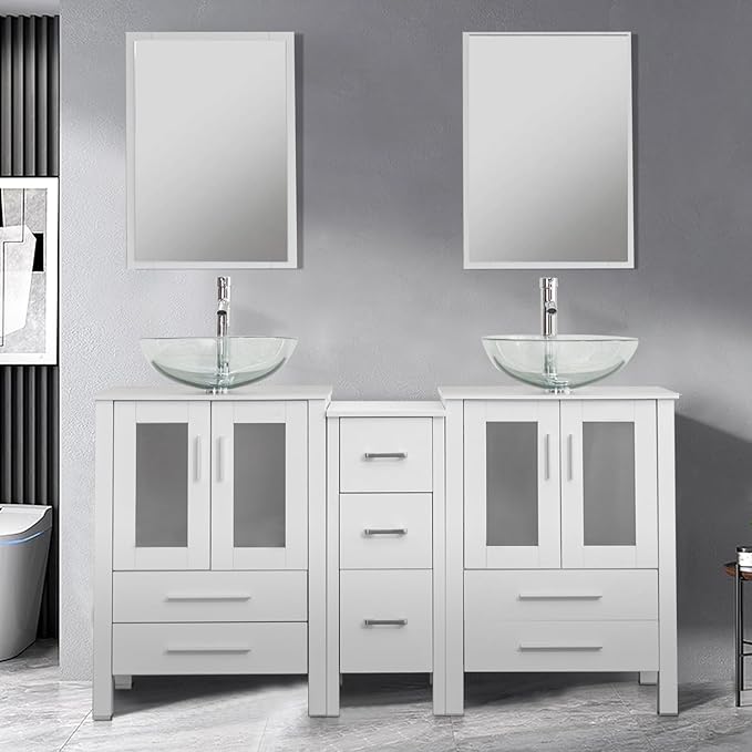 UEV 60" Double Sink Bathroom Vanity,White Bathroom Vanity with Double Side Vanity Cabinets & Removable 3 Drawer Storage Cabinet,Modern Bathroom Vanity with Vessel Sink Combo,Mirror Not Included(A16)