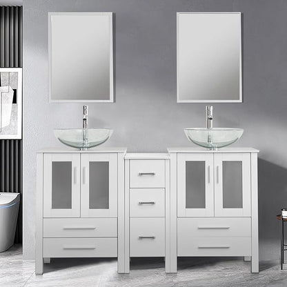 UEV 60" Double Sink Bathroom Vanity,White Bathroom Vanity with Double Side Vanity Cabinets & Removable 3 Drawer Storage Cabinet,Modern Bathroom Vanity with Vessel Sink Combo,Mirror Not Included(A16)