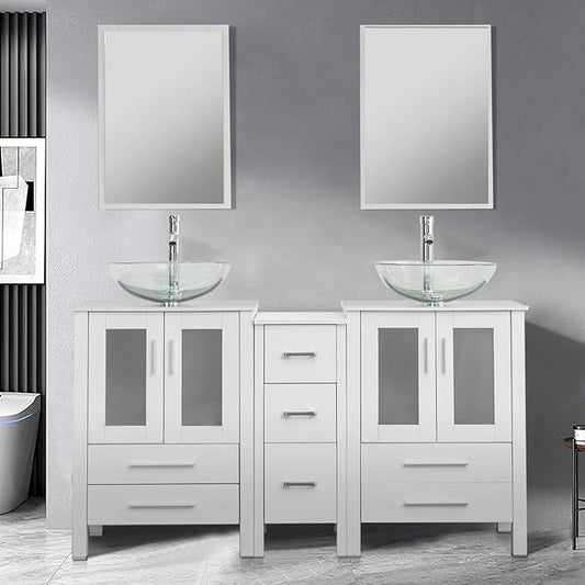 UEV 60" Double Sink Bathroom Vanity,White Bathroom Vanity with Double Side Vanity Cabinets & Removable 3 Drawer Storage Cabinet,Modern Bathroom Vanity with Vessel Sink Combo,Mirror Not Included(A16)
