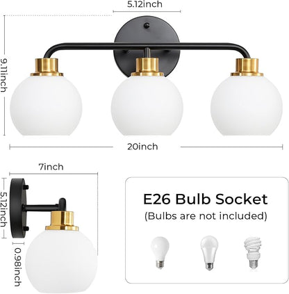 3 Light Bathroom Vanity Light, Black and Gold Bathroom Light Fixtures | with Milk Glass Shade Modern Wall Sconces Lighting Bath Wall Lights Lamp for Mirror Kitchen Living Room Bedroom Hallway