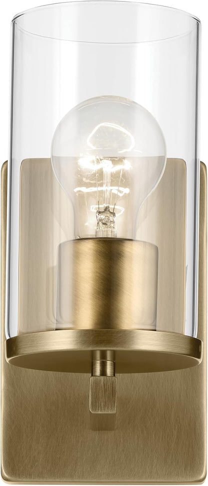 Crosby 4.5" 1-Light Wall Sconce with Clear Glass in Natural Brass, for Bathroom, Powder Room, Hallway, Kitchen, Bedroom, Fireplace, (4.5" x 9.25"), 45495NBRCLR