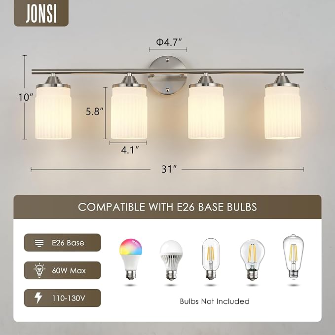 Jonsi Nickel Bathroom Light Fixtures 4-Light Vanity Lights Modern Wall Sconce with Milk White Shade Brushed Nickel Bathroom Light Fixture Over Mirror for Bedroom Hallway Kitchen