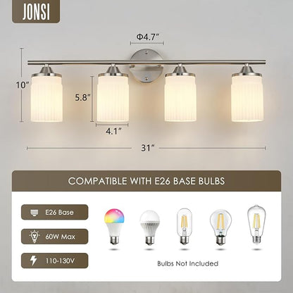 Jonsi Nickel Bathroom Light Fixtures 4-Light Vanity Lights Modern Wall Sconce with Milk White Shade Brushed Nickel Bathroom Light Fixture Over Mirror for Bedroom Hallway Kitchen