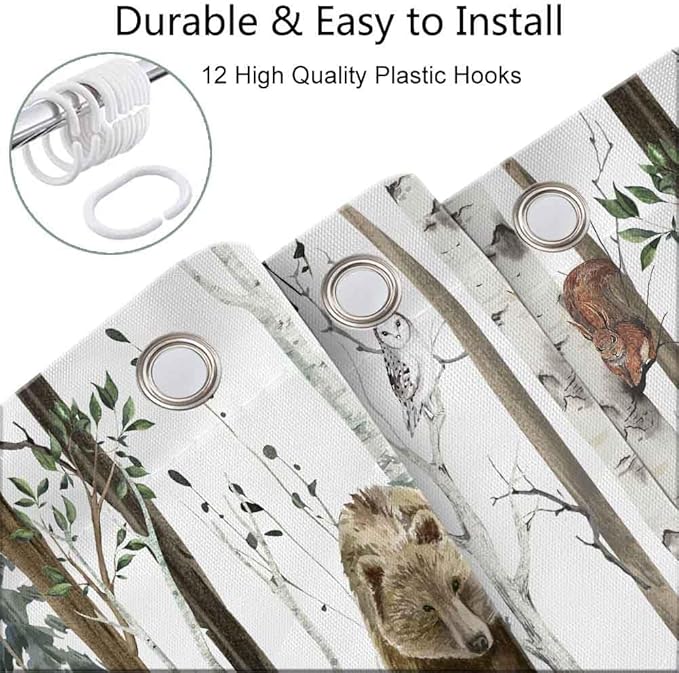 JAWO Camper Shower Curtain, Rustic Lodge Cabin Woodsy Wildlife Animals Woodland Rv Shower Curtains Camper Camping Bathroom Set with Hooks, 47X64 Inch, White