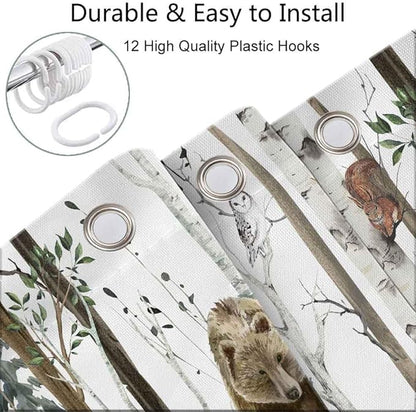 JAWO Camper Shower Curtain, Rustic Lodge Cabin Woodsy Wildlife Animals Woodland Rv Shower Curtains Camper Camping Bathroom Set with Hooks, 47X64 Inch, White