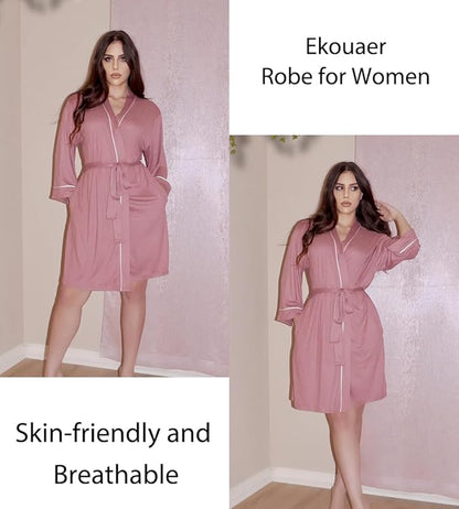 Ekouaer Women Kimono Robes Knee Length Knit Bathrobe Lightweight Soft Sleepwear V-neck Casual Ladies Loungewear