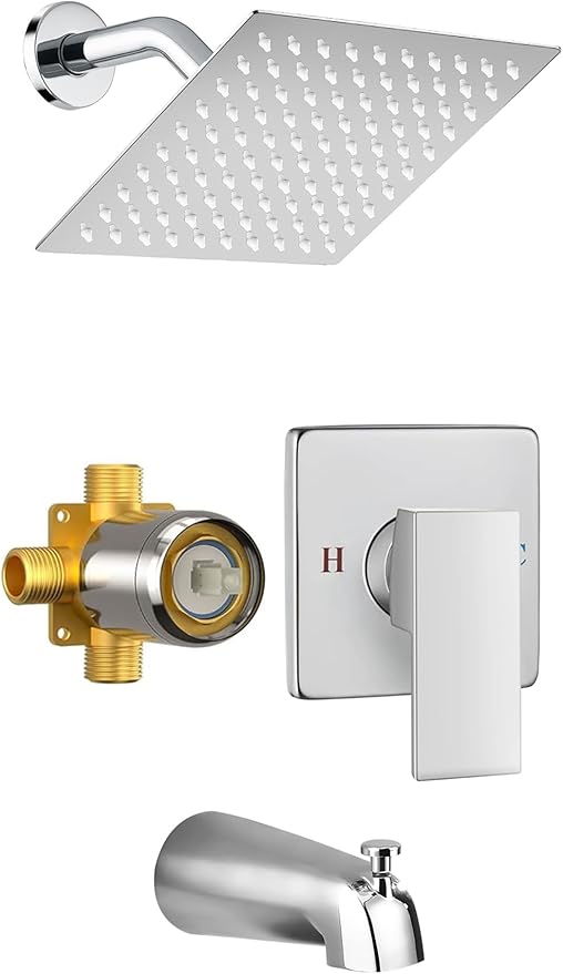 Shower Faucet Set with Tub Spout, 8 Inch Square Wall Mounted Rainfall Shower Head with Rough-in Valve Body, Bathroom Shower Trim Kit Single Function RV Shower System(Chrome)