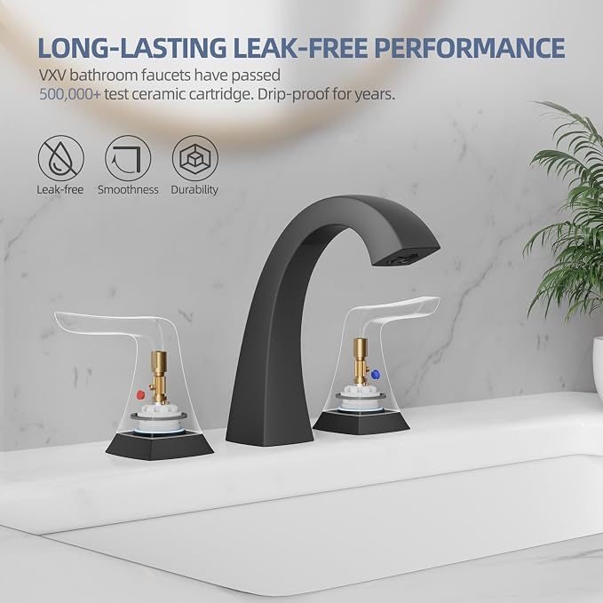 VXV Matte Black Bathroom Sink Faucet 3 Hole Widespread, 8 Inch Vanity Faucet with Pop-Up Drain & Pre-Attached Supply Lines for Easy DIY Installation, Faucet for Bathroom Sink, RV