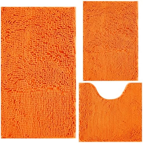 Bathroom Rugs Chenille 3-Piece Extra Soft and Absorbent Shag Bathroom Rugs, Machine Wash Mat, Strong PVC Non-Slip Underside, Plush Carpet Mats (Orange)