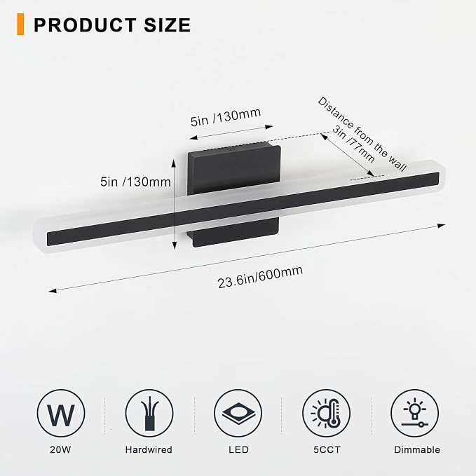 24 inch Black Bathroom Light Fixture 5 Color Temperature Dimmable LED Vanity Lights Bathroom Vanity Lights Over Mirror Light Bar Vanity Lighting Fixtures 5CCT