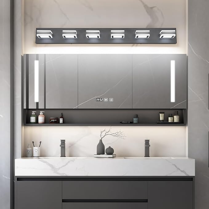 SOLFART Modern LED Dimmable Bathroom Light Fixtures Over Mirror Led Vanity Lights Modern Black LED 6 Light Vanity Light