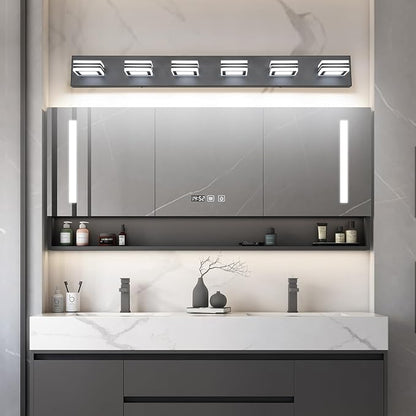 SOLFART Modern LED Dimmable Bathroom Light Fixtures Over Mirror Led Vanity Lights Modern Black LED 6 Light Vanity Light