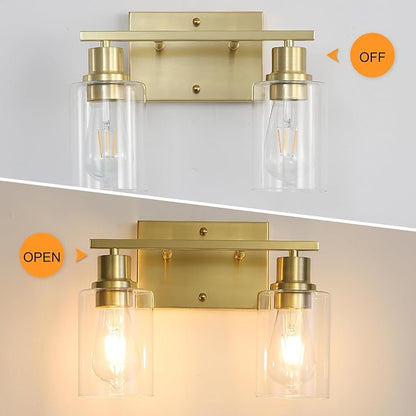 Brass Bedside Wall Sconces Set of 2, 1-Light Gold Bathroom Vanity Lights Fixtures with Clear Glass Shade, Farmhouse Modern E26 Wall Lamp for Hallway Living Room Bedroom