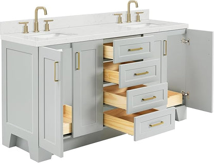 DKB Emilia 66" Grey Double Bathroom Vanity, 1.5" Edge Carrara Quartz Countertop, Double Rectangular Sinks, 4 Soft Closing Doors, 6 Full Extension Dovetail Drawers, Satin Brass