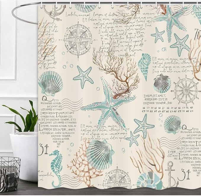 Nautical Coastal Beach Shower Curtain, Coral Starfish Seashell Ocean Bathroom Curtains, Fun Kids Bathroom Shower Curtain with Hooks Set 36X72inch.