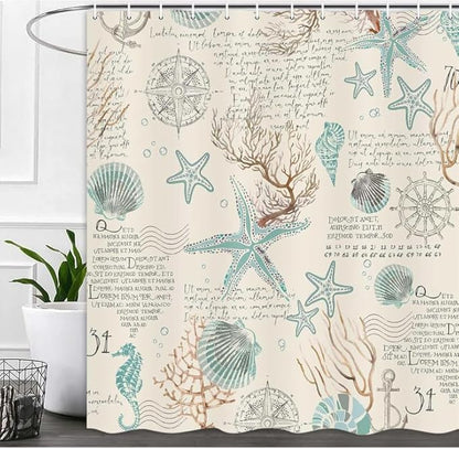 Nautical Coastal Beach Shower Curtain, Coral Starfish Seashell Ocean Bathroom Curtains, Fun Kids Bathroom Shower Curtain with Hooks Set 48X72inch.