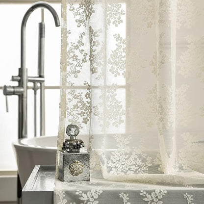 Ivory Lace Shower Curtain 72x72, Vintage Shabby Chic with Attached Valance | Fancy Shower Curtain with Scalloped, Flower Lace, Light-Filtering for Luxury Elegant Shabby Chic Bathrooms Light Beige
