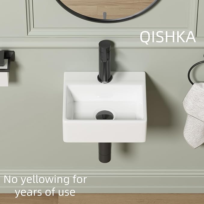 Wall Hung Bathroom Vessel Sink, QISHKA 13" X 11.5" Rectangular Floating Ceramic Wash Hand Basin White Wall Mount Vanity Sink for Small Bathroom and Small Cloakroom