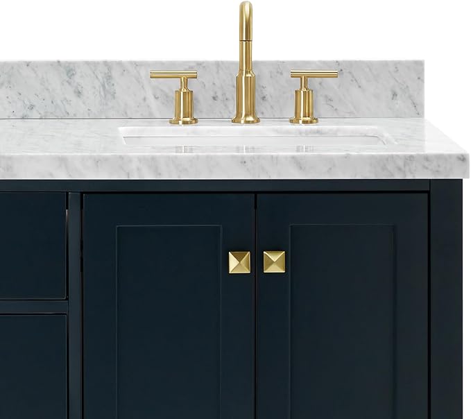 ARIEL Cambridge 66-inch Bathroom Vanity with Sink,Solid Wood, 1.5-inch Italian Carrara Marble Countertop, Double Rectangular Porcelain Sink, 4 Soft Closing Doors, 6 Dovetail Drawers, Midnight Blue