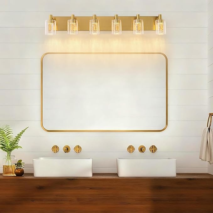 SineRise Vanity Light with 3 Color Modes (3000K/4000K/6000K), Eye Protection LED Bathroom Light Fixture, Dimmable Modern Wall Light Over Mirror with Clear Glass Shade (Gold, 6-Light)