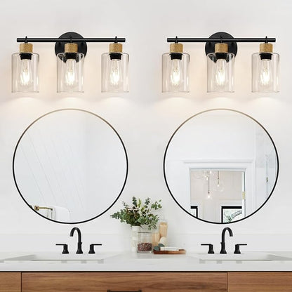 MOKATNG Bathroom Light Fixtures, 3-Light Farmhouse Vanity Lights with Hemp Rope, Black Bathroom Wall Lamp for Mirror Kitchen Hallway Cabinet