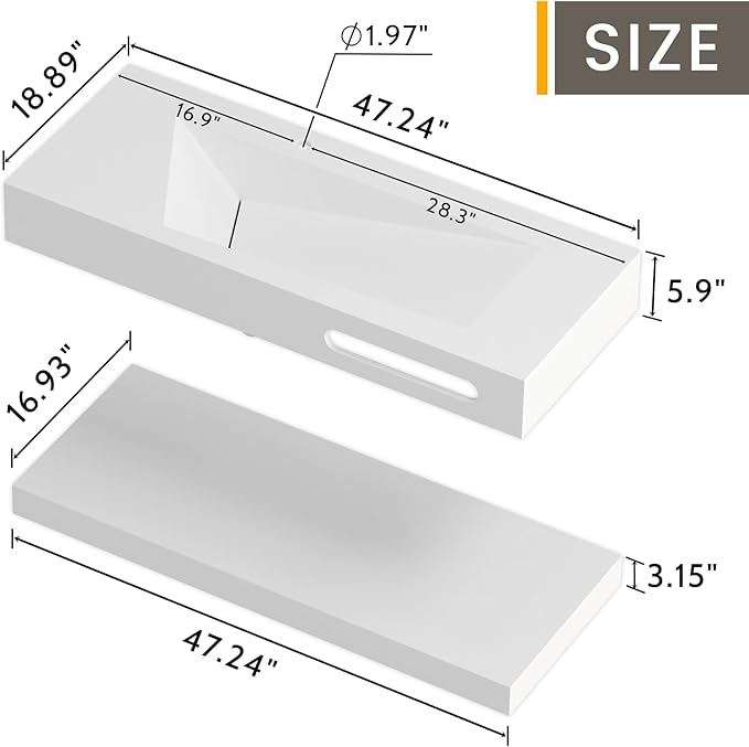 QJ&XY Resin Bathroom Sink 48" Wall Mounted V-Shaped White Basin with Towel Rack, Floating Vanity Sink in Soft-Touch Finish (Double Tier)