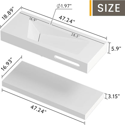 QJ&XY Resin Bathroom Sink 48" Wall Mounted V-Shaped White Basin with Towel Rack, Floating Vanity Sink in Soft-Touch Finish (Double Tier)