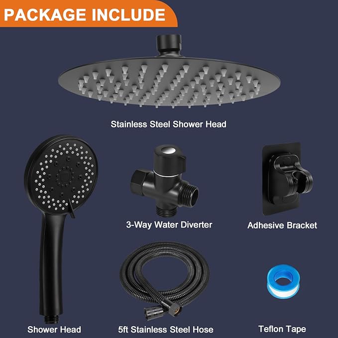 NearMoon Shower Head with Hose, High-Pressure Stainless Steel 8'' Rain Shower and 5 Settings Handheld Spray Combo with Push Button Flow Control for Easy Operation (Matte Black)