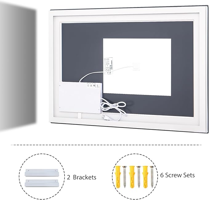 VooBang LED Wall Mounted Mirror with Lights, 24x32 inches Bathroom Mirror, Button to Adjust Lights, Three Lighting Modes, Tempered Glass with Anti-Fog Function, Suitable for Vanity and Bedroom, White