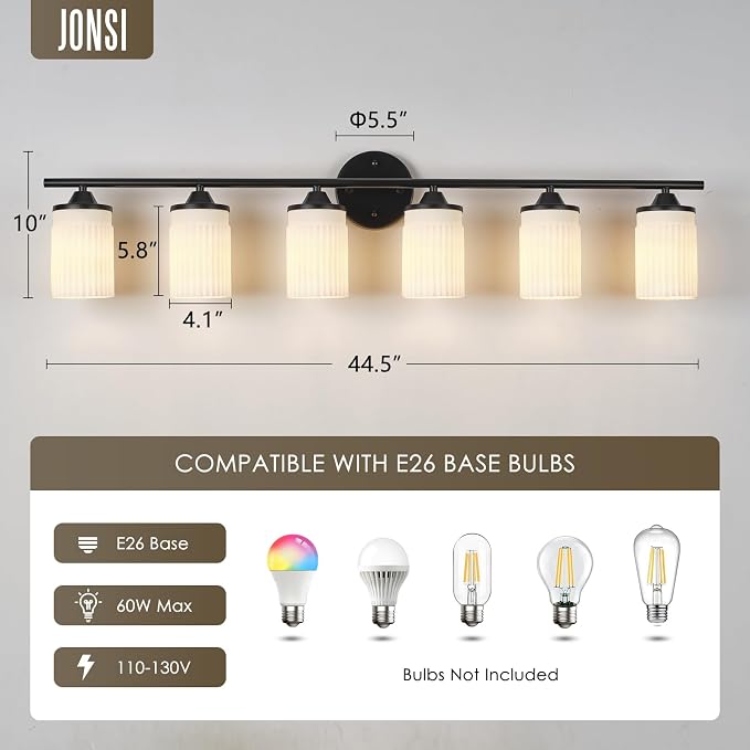 Jonsi Black Bathroom Light Fixtures 6-Light Vanity Lights Modern Wall Sconce with Milk White Shade Brushed Brass Bathroom Light Fixture Over Mirror for Bedroom Hallway Kitchen
