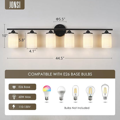 Jonsi Black Bathroom Light Fixtures 6-Light Vanity Lights Modern Wall Sconce with Milk White Shade Brushed Brass Bathroom Light Fixture Over Mirror for Bedroom Hallway Kitchen