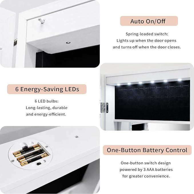 Lockable Jewelry Cabinet Organizer with Full Length Mirror, 6 Auto LED Lights, Wall & Over Door Mount Jewelry Armoire with Earring Slots, Necklace Hooks, Foldable Makeup Shelf
