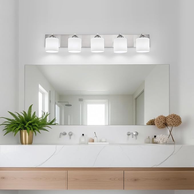 mirrea 5-Light Brushed Nickel Bathroom Vanity Light with White Glass Shades | Over Mirror,Wall Sconce,ETL listed,Bathroom Lighting Fixtures,Elegant Design,Milk White Glass Shade,Easy Installation