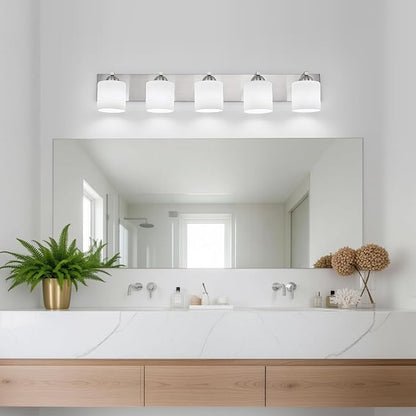mirrea 5-Light Brushed Nickel Bathroom Vanity Light with White Glass Shades | Over Mirror,Wall Sconce,ETL listed,Bathroom Lighting Fixtures,Elegant Design,Milk White Glass Shade,Easy Installation