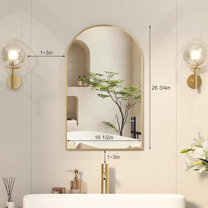 Recessed Medicine Cabinet Mirror,Brushed Gold Arched Medicine Cabinet with Mirror for Bathroom,Metal Edge Mirrored Medicine Cabinets,in Wall Arch Mirrored Cabinets with Storage 16x26