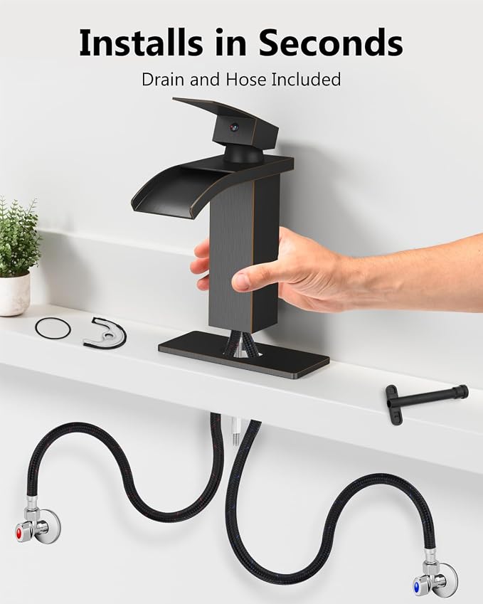Oil Rubbed Bronze Waterfall Bathroom Faucet 1-Handle Vanity Faucet | Stainless Steel Modern Bathroom Sink Faucet,Pop-Up Drain, Supply Lines 6-in Deck Plate, 1- or 3-Hole, NSF Certified
