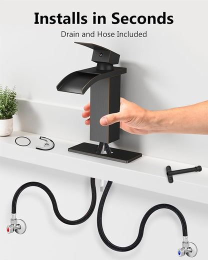 Oil Rubbed Bronze Waterfall Bathroom Faucet 1-Handle Vanity Faucet | Stainless Steel Modern Bathroom Sink Faucet,Pop-Up Drain, Supply Lines 6-in Deck Plate, 1- or 3-Hole, NSF Certified