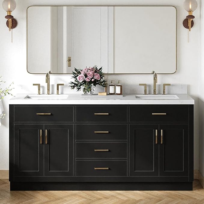 ARIEL Hepburn 72-inch Bathroom Vanity with Sink,Solid Wood, 1.5-inch Carrara White Quartz Countertop & Backsplash, Double Rectangular Porcelain Sink, 4 Soft Closing Doors, 6 Dovetail Drawers, Black